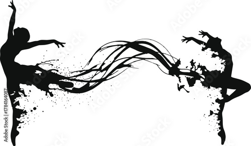 Fluid dance silhouettes, abstract ink splash dancers connected by flowing ribbons, expressive movement, contemporary art vector, black and white composition.