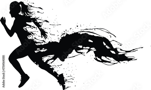 Female runner silhouette with dramatic ink splash trail, dynamic sprint action in black-and-white vector illustration, energy and speed concept.