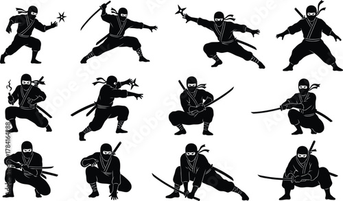 Ninja silhouettes set, dynamic combat poses with katana and shuriken, stealth warriors crouching attacking, martial arts fighters, black-and-white vector illustration.