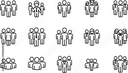 People group icons set, simple team and community outline symbols, diverse crowd figures, leadership and gender mix, black stroke vector pack.