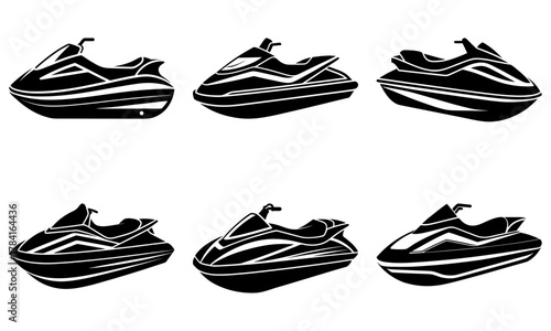 Dynamic jet ski fleet ready for summer fun and adventure on the open water, showcasing sleek designs in a monochrome style, perfect for branding and marketing
