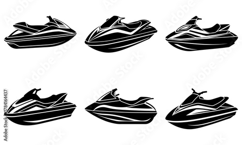 Thrilling jet ski collection for summer adventures! Perfect for watersport enthusiasts, vacation brochures, and modern lifestyle projects; enjoy scalable vector graphics!