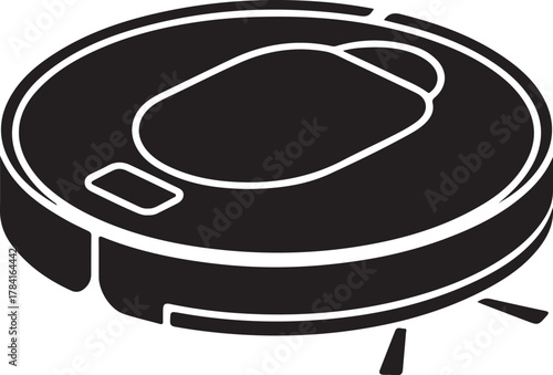 Black silhouette of a robotic vacuum cleaner isolated on white background