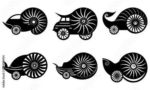 Imaginative snail car collection showcasing whimsical transportation design, perfect for children's books and playful concept art, originally scalable vector