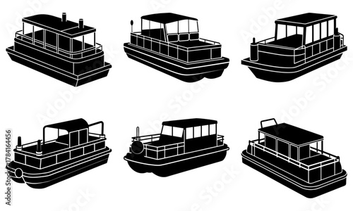 Six pontoon boats in a vector graphic collection ready for summer fun, vacation rentals, marina promotions, and boating lifestyle advertising campaigns