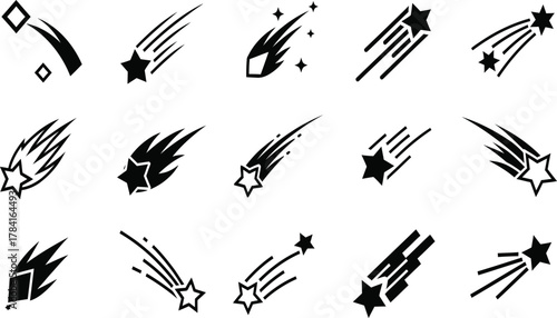 Shooting star icons set, comet meteor silhouettes with motion trails, celestial symbol collection, black vector graphics, space logo elements