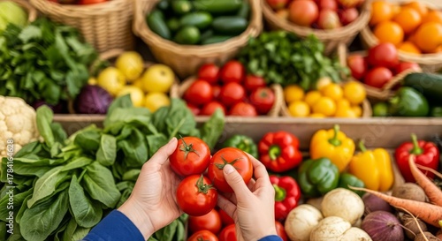 Hands Selecting Fresh Tomatoes at a Vibrant Produce Market