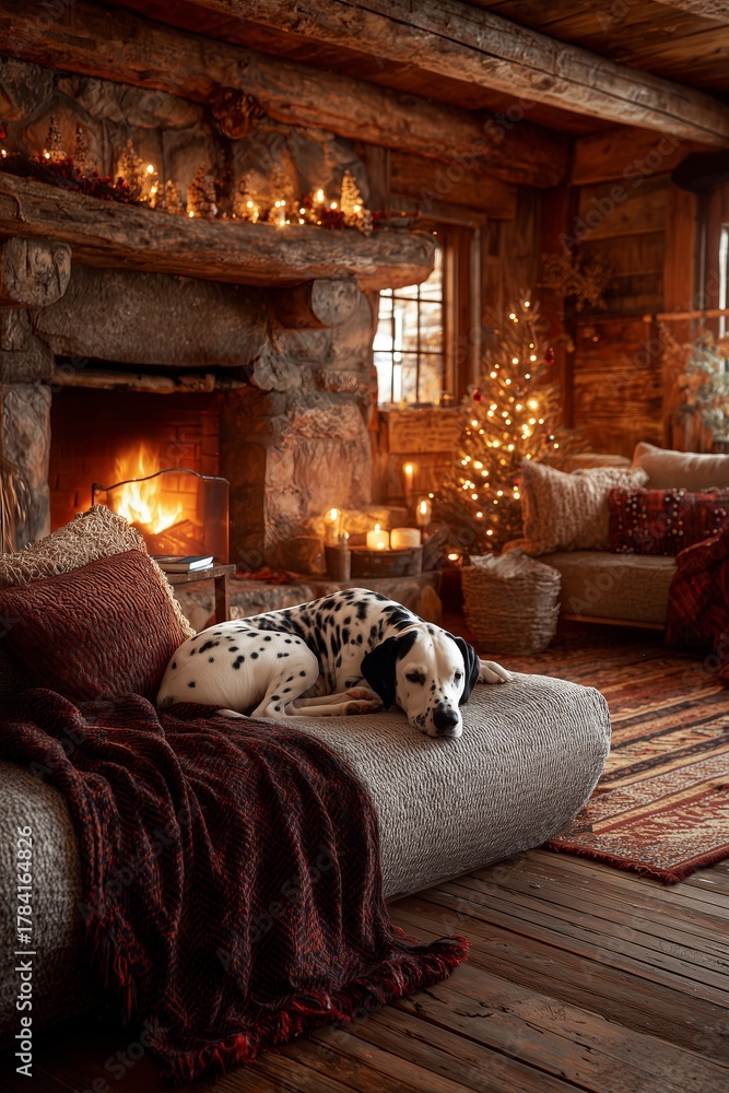 Naklejka premium Cozy rustic living room with burning fireplace, soft sofa and sleeping dog on wooden floor. Peaceful winter evening in warm, quiet holiday home.