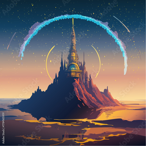 A magnificent fantasy citadel on a solitary island, bathed in the glow of a celestial arch and a star-filled sky