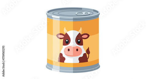 Cute Cow on Canned Milk or Food Product Label - Flat Vector Illustration