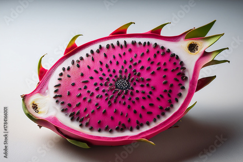 Artistic photo of dragon fruit cut open to display speckled interior promoting healthy lifestyle choices and appreciation for exotic fruits in educational materials
