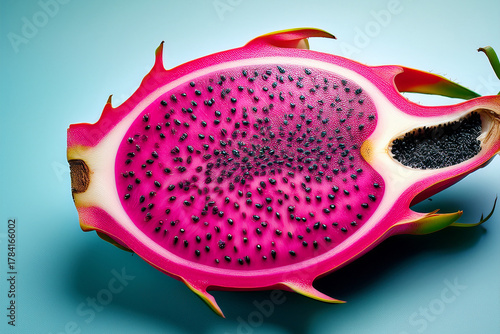 High-resolution image of dragon fruit half with vivid pink skin and white pulp designed for teaching food science, vitamins, and cultural diversity in schools
