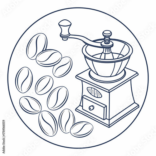 Illustration of coffee grinder with coffee beans