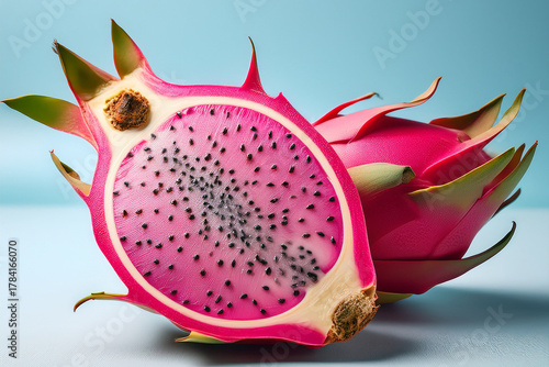 Minimalist macro image of fresh dragon fruit half showcasing bright colors and seeds to inspire nutrition awareness and creative food education for young learners
