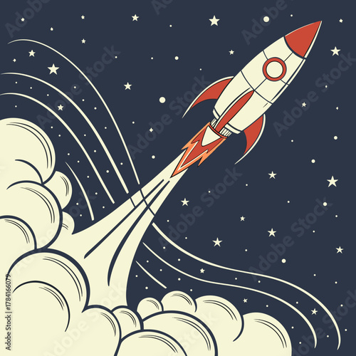 Retro rocket launching into space with stars and smoke trails around it