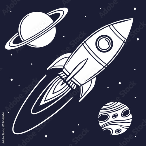 Rocket ship navigates the cosmos, passing planets and distant stars