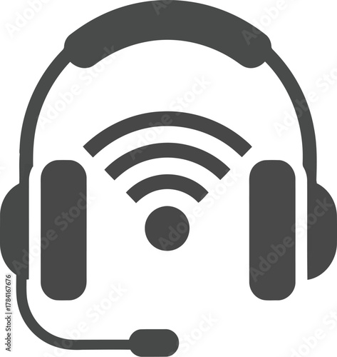 Modern headset icon symbol with wireless signal waves for communication support and technology vector