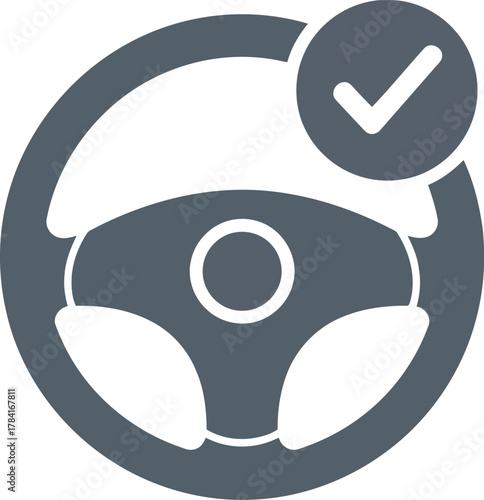 Steering wheel icon with checkmark symbol represents driving success safety and approval isolated graphic vector
