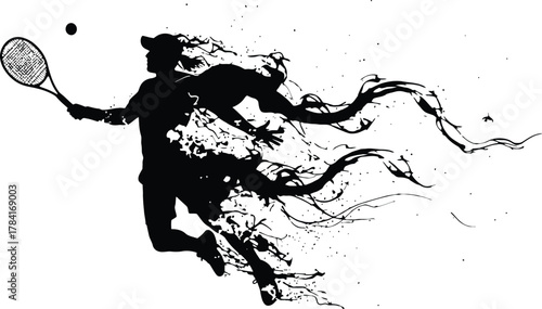 Tennis player forehand silhouette with dramatic ink splash trails, dynamic sports action in black-and-white vector illustration.