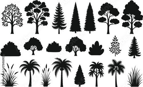 Tree and shrub silhouettes set, assorted forest, palm, pine, and bush icons, black vector botanical collection for landscaping and design.
