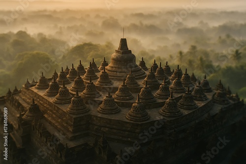 Borobudur Temple. Ancient Buddhist temple awakens in misty sunrise, inspiring serenity and travel dreams