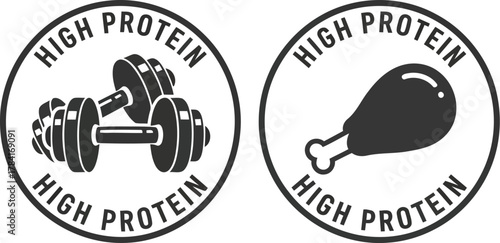 High protein labels dumbbell chicken leg nutrition fitness diet food healthy lifestyle gym workout supplement vector