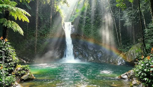 A serene waterfall cascades into a tranquil pool surrounded by lush greenery and vibrant rainbow in a dense forest with sunbeams filtering through trees.