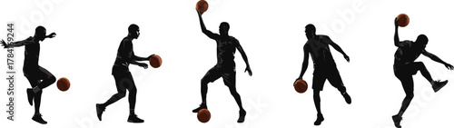Basketball, silhouette, players, dribbling, shooting, dunking, teamwork, motion, energy, athletic, sports, dynamic, action, training, competition, fitness, performance, skill