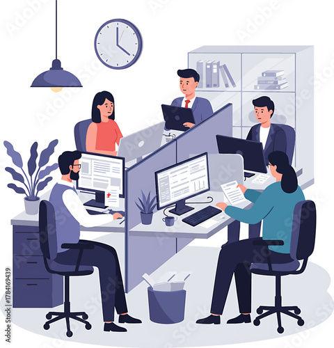 Modern Office Cubicles with Employees Working on Computers Vector Illustration.