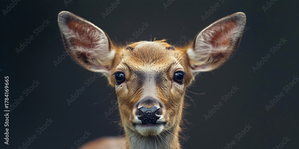 Fototapeta premium Curious deer with large ears looking directly at the camera in a dark, natural setting