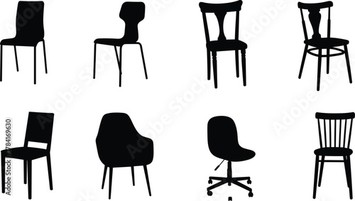 Chair silhouettes, furniture icons, modern seating, interior design, minimalist chairs, office decor, stylish seats, home furnishing, ergonomic shapes, creative layout, black silhouettes