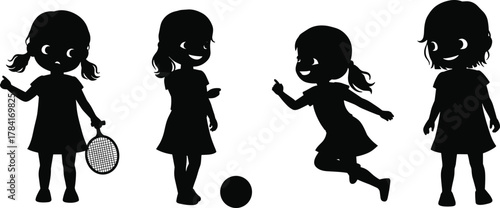 Children silhouettes playing sports, running, jumping, tennis, ball, active lifestyle, childhood energy, outdoor fun, fitness, recreation, movement, exercise, teamwork, playful poses