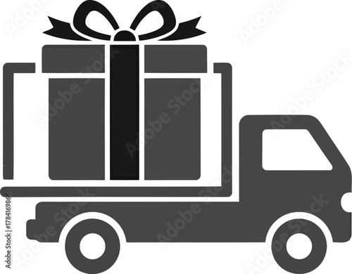 Delivery truck carrying a gift box with ribbon logistics and shipping service icon vector