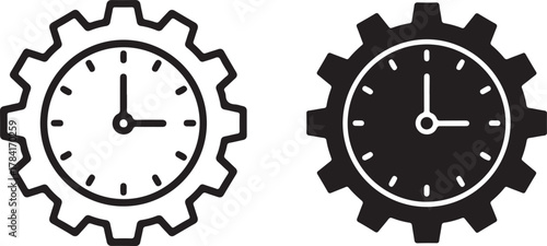 Time management process concept represented by a clock with moving hands integrated within a mechanical gear system icon design illustration isolated on white background, Vector, illustration