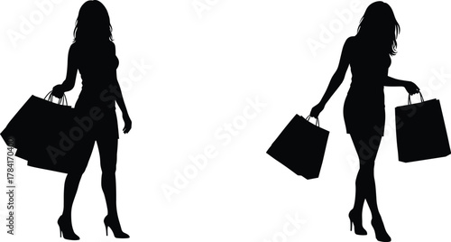 Fashionable women silhouette shopping, elegant female shoppers, black outline, style concept, luxury bags, modern retail lifestyle, high heels
