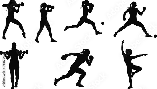 Female fitness silhouette, workout poses, dumbbell training, sprinting, yoga balance, athletic movement, strength, exercise, active lifestyle, health