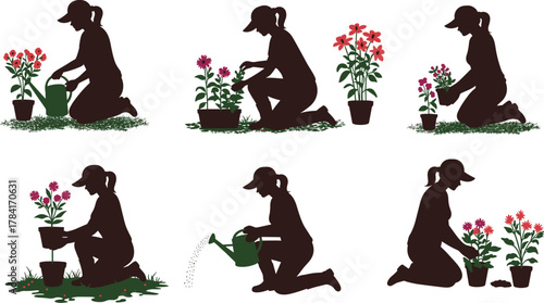 Gardening, planting flowers, watering plants, garden care, horticulture, silhouette illustration, eco lifestyle, nature work, outdoor activity, sustainability, soil preparation, flower arrangement
