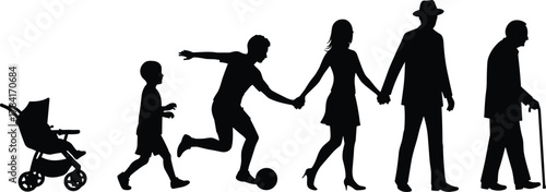 Human life stages silhouette, baby to elderly, aging concept, timeline, growth, development, people evolution, generational journey, aging process