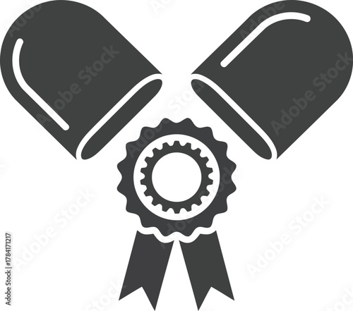Open medicine capsule with award ribbon symbolizing pharmaceutical quality and health excellence vector