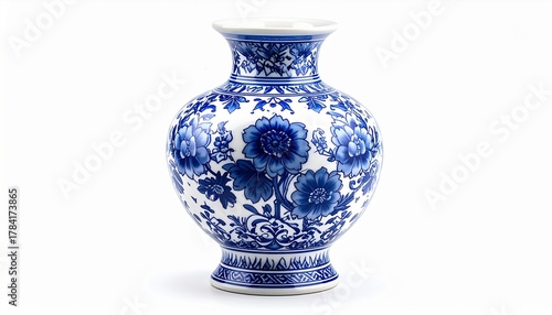 Elegant blue and white porcelain vase with floral patterns, traditional Chinese ceramic art on white background, antique decor