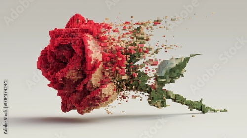 Beautiful red rose, constructed from pixel-like cubes, as it disintegrates and dissolves into a cloud of particles.