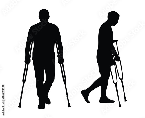 Injured Man Walking with Crutches Silhouette | Recovery and Rehabilitation Vector