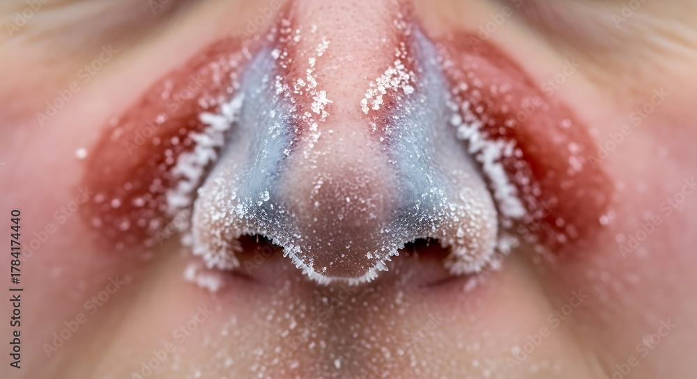 Fototapeta premium Close up of a human nose covered in glitter and blue makeup for a creative artistic look.