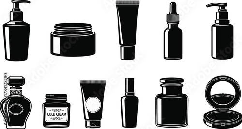 Cosmetic skincare product packaging silhouette set, beauty cream, lotion, serum, perfume, makeup jar vector illustration for branding design