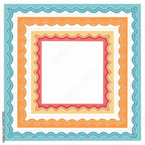 A colorful set of retro wavy frame borders. Vector cartoon illustration of nested scallop shape picture frames for design elements