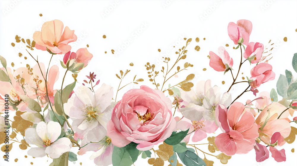 Naklejka premium Soft Pastel Floral Wedding Border with Gold Accents - Generated by AI.