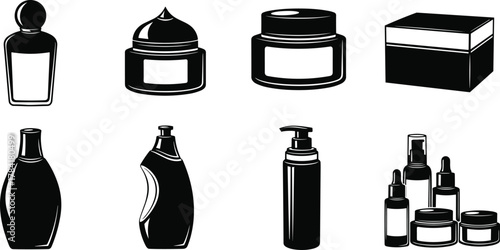 Cosmetic bottles and jars collection, skincare packaging design, lotion and cream containers, beauty product mockup, personal care branding illustration