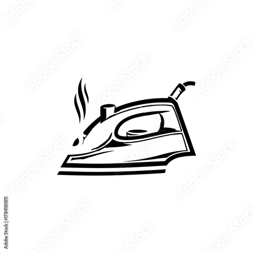 A black and white illustration of a steaming iron, representing laundry and household chores.