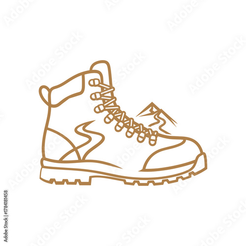 Outline illustration of a sturdy hiking boot with laces, featuring a mountain peak in the background, symbolizing outdoor adventure and trekking.