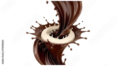 Vector illustration of dark chocolate and white cream splashing together on a white background